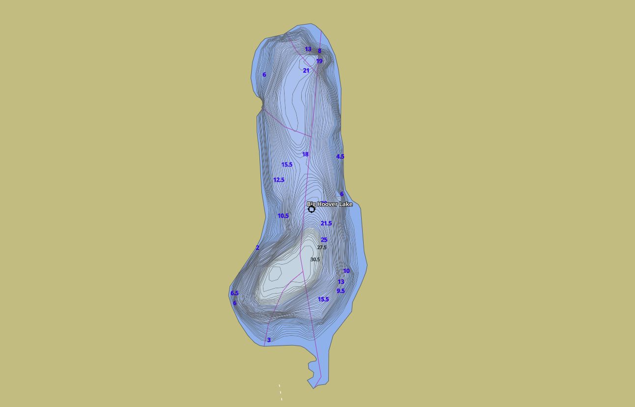 Contour Map of Big Hoover Lake in Municipality of Lake of Bays and the District of Muskoka
